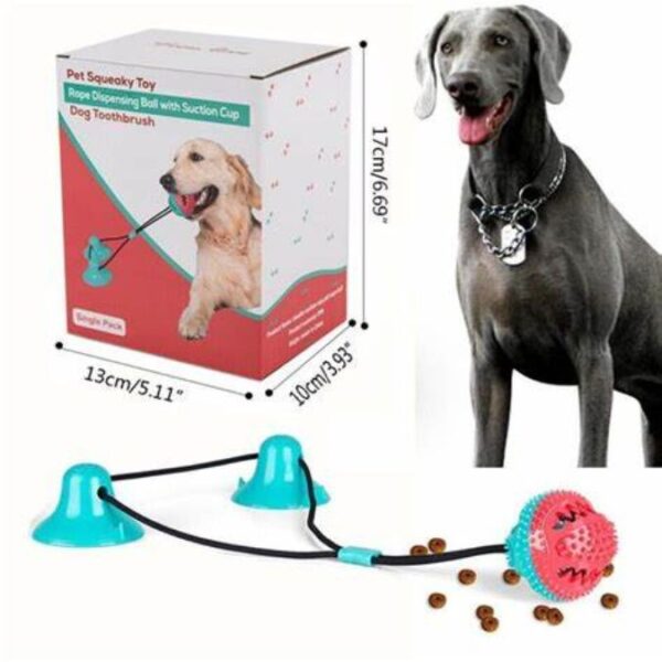 Juguete interactivo para perros con ventosas, pelota texturizada, cuerda elástica, dispensador de comida y función de cepillo de dientes.