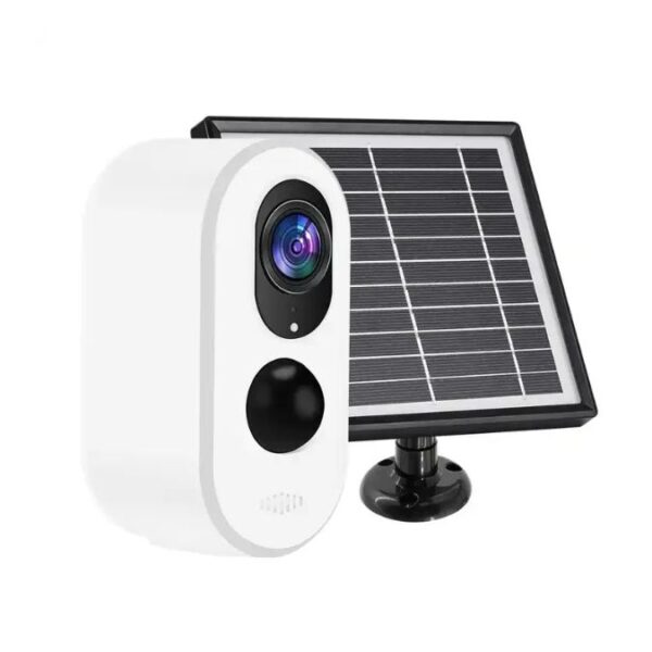 Cámara de seguridad solar blanca Smoot Air W2S con panel solar para alimentación.