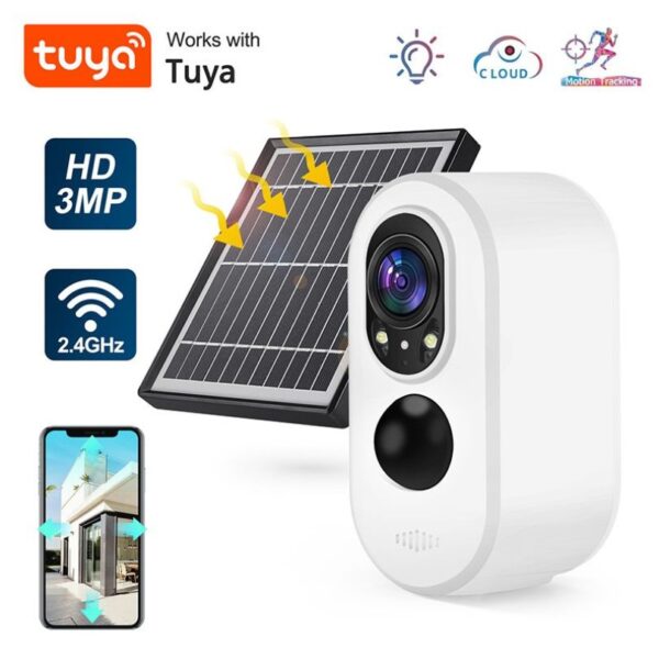 Cámara de seguridad solar Tuya WiFi HD 3MP con seguimiento de movimiento y visualización en smartphone.