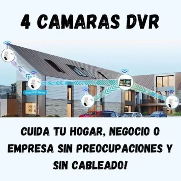 Sistema de 4 cámaras de seguridad DVR inalámbricas con relé WiFi automático para protección de hogar y negocio sin cableado.