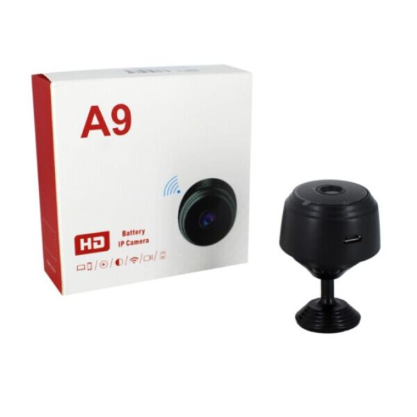 Mini cámara espía A9 con caja, cable USB, soporte con ventosa y manual.