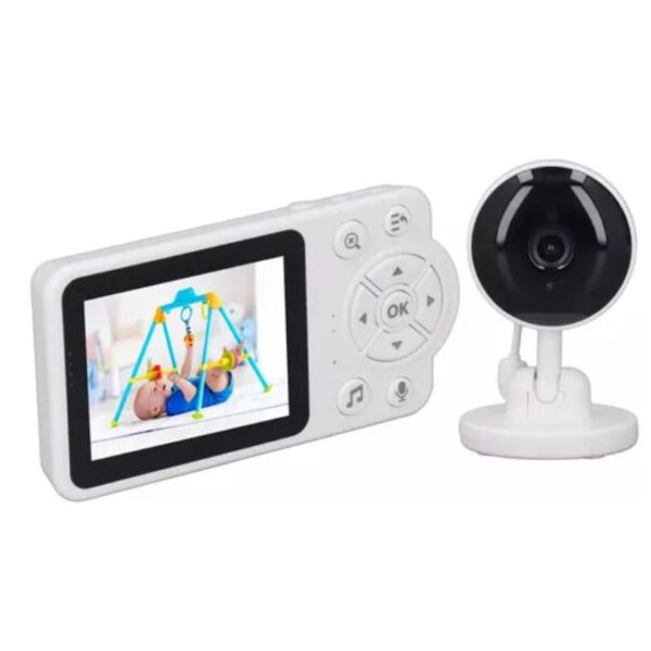 Monitor de bebé inalámbrico blanco con pantalla LCD y cámara.