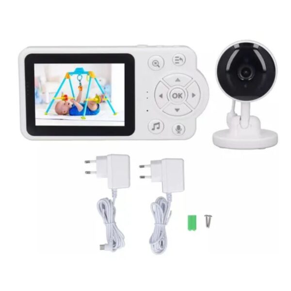 Monitor de bebé inalámbrico blanco con pantalla LCD, cámara y dos adaptadores de corriente.