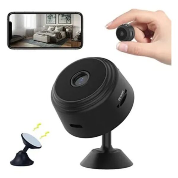 Mini cámara de seguridad WiFi negra con soporte magnético y visualización en smartphone.