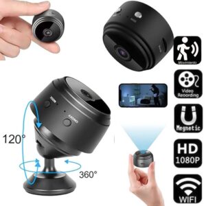 Mini cámara de seguridad A9 negra con detección de movimiento, grabación HD 1080P y WiFi.