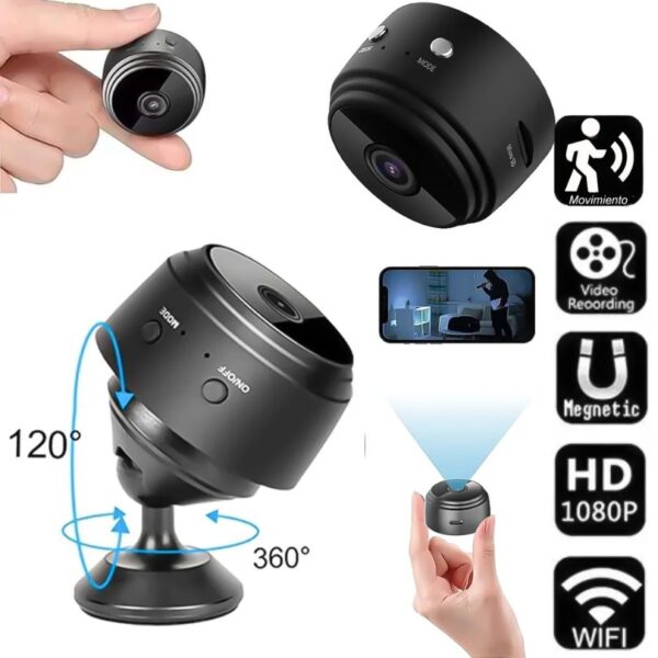 Mini cámara de seguridad A9 negra con detección de movimiento, grabación HD 1080P y WiFi.