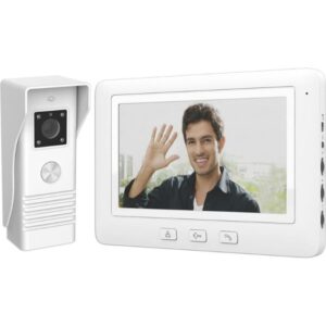 Sistema de videoportero blanco con unidad exterior con cámara y unidad interior con pantalla mostrando visitante.