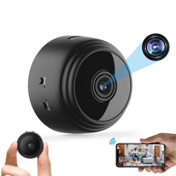 Mini cámara espía A9 negra WiFi con monitoreo remoto en smartphone.