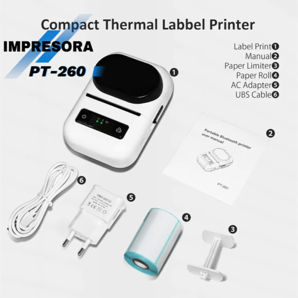Impresora de etiquetas térmica portátil Goopjrt PT-260 con dimensiones compactas y batería recargable de 4 horas.