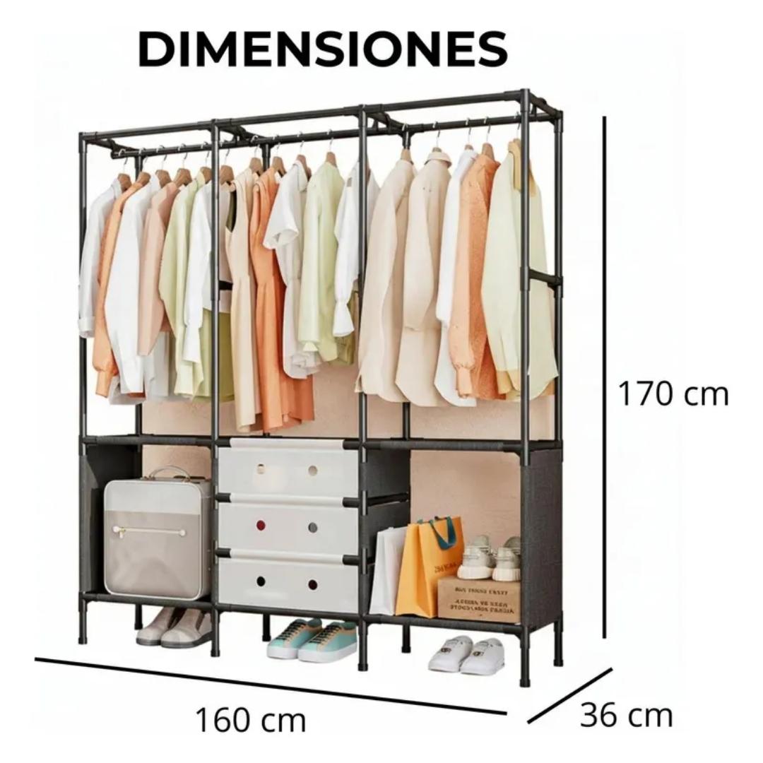 Closet organizador multifuncional 3 espacios con ropa colgada y estantes