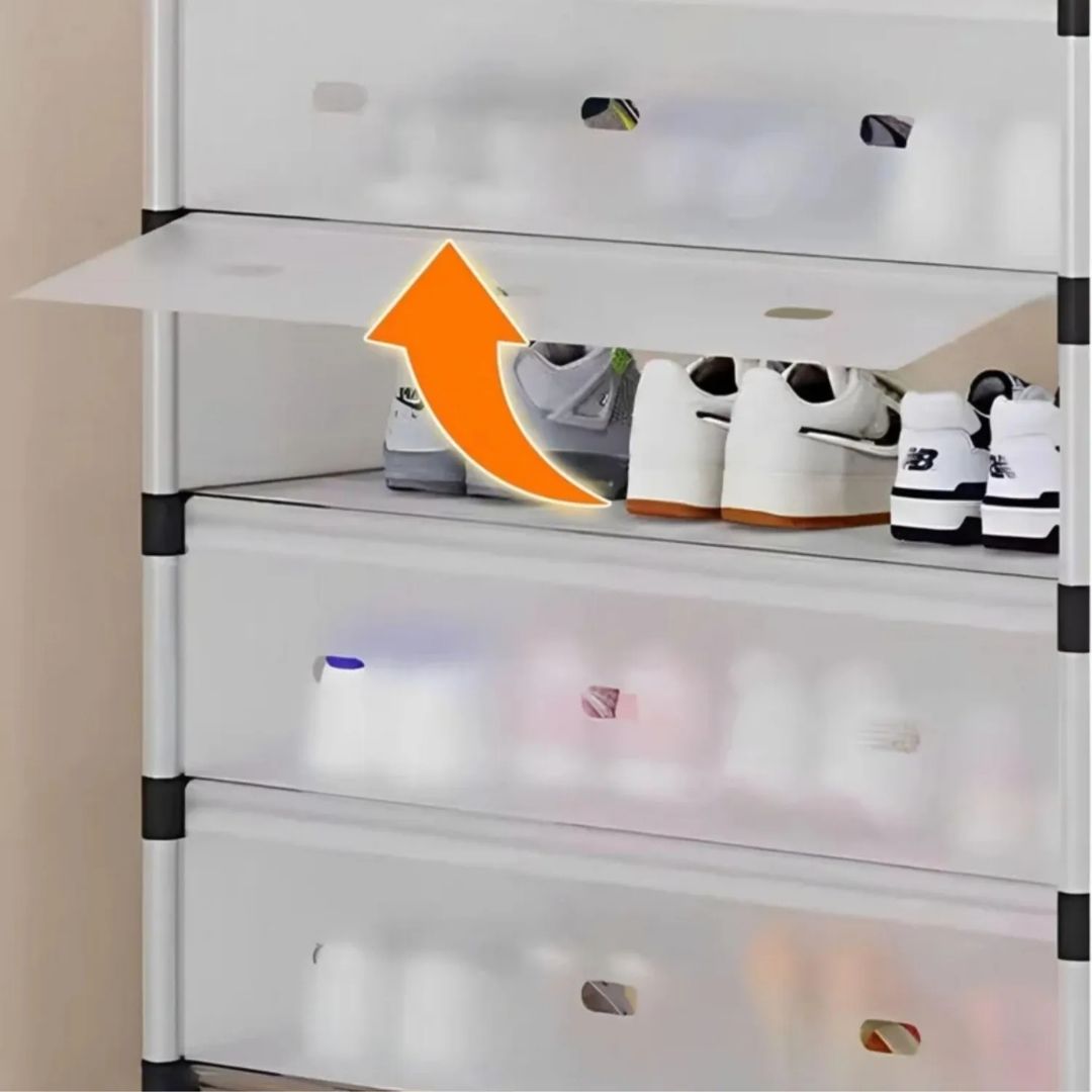 Detalle de apertura de solapa zapatero metálico 6 niveles con tapa