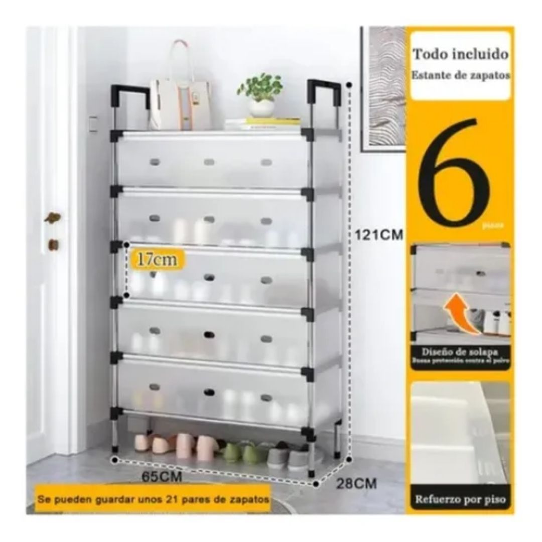 Infografía con medidas zapatero organizador 6 niveles 121cm alto