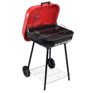 Parrilla con Tapa roja y negra a carbón con ruedas para jardín.