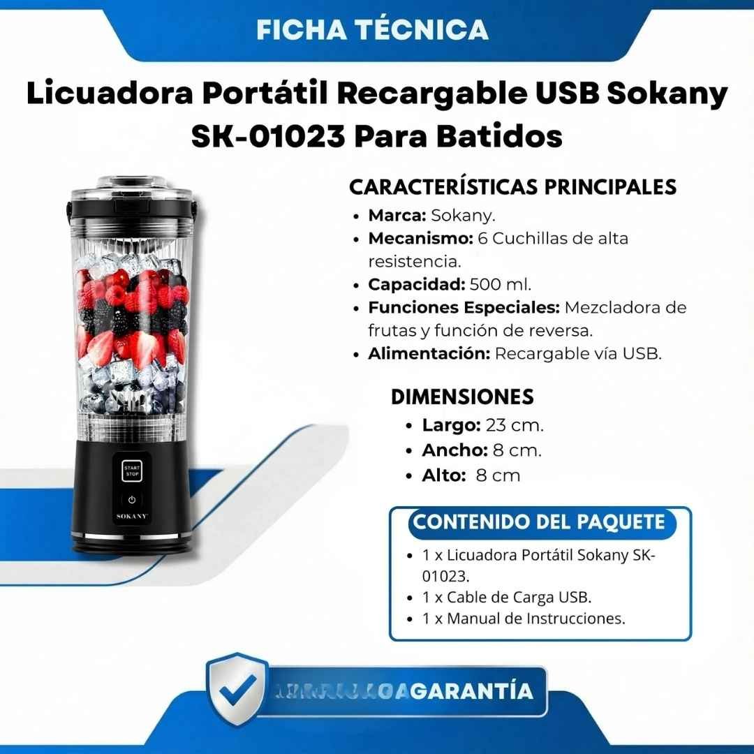 Ficha técnica con especificaciones, medidas y contenido de la licuadora portátil Sokany SK-01023.