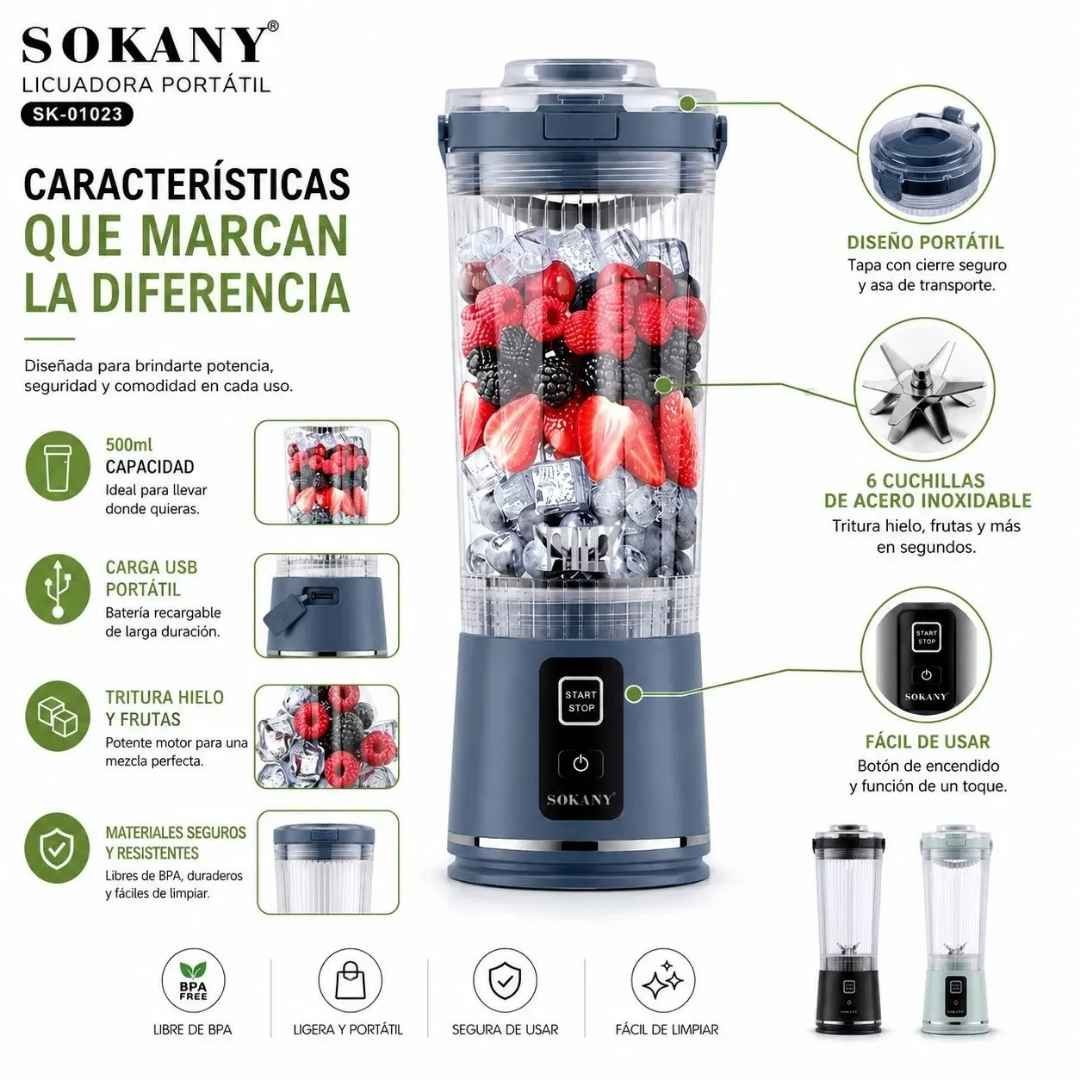 Infografía técnica con características clave de la licuadora portátil Sokany SK-01023.