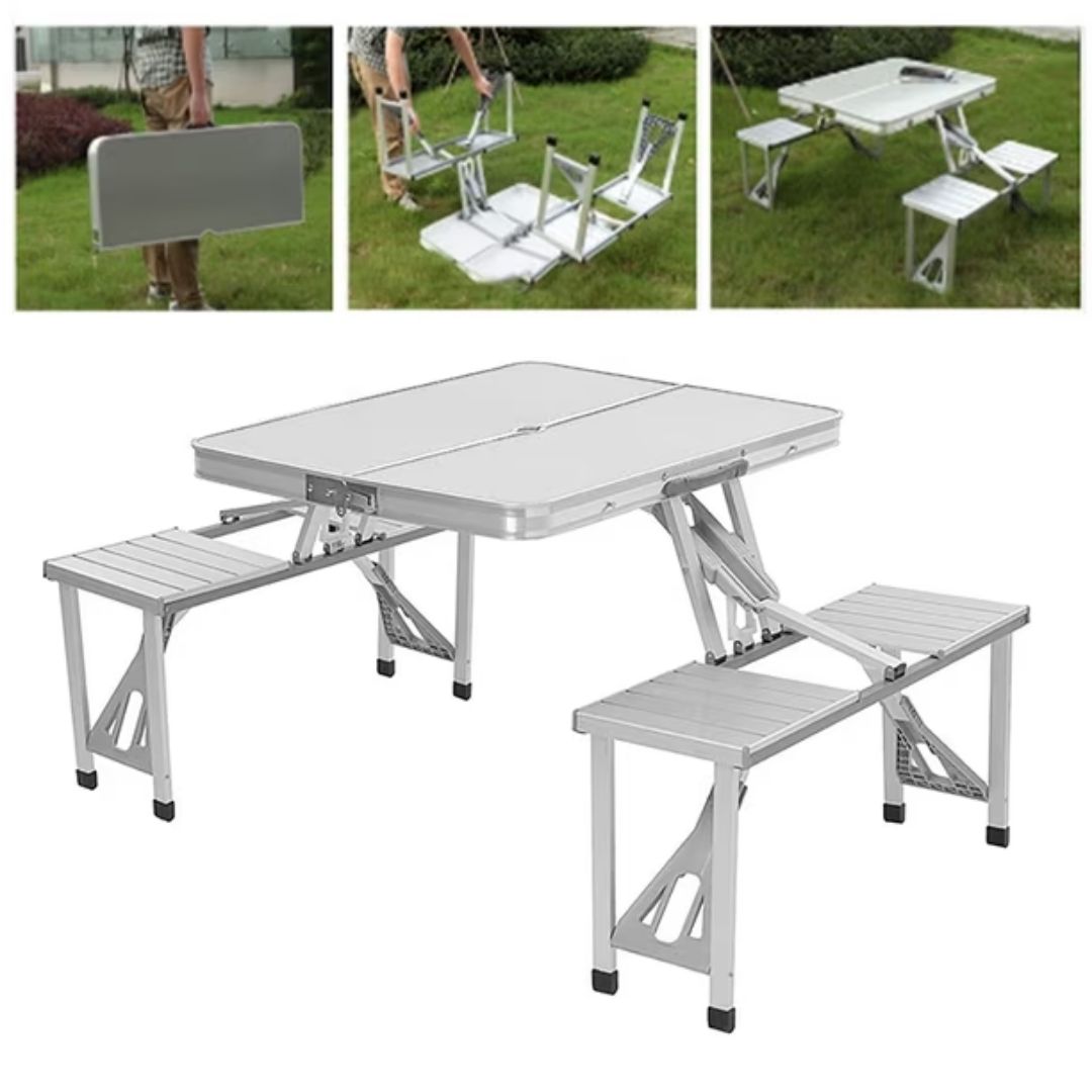 Infografía paso a paso del armado rápido de la mesa de aluminio plegable para camping.