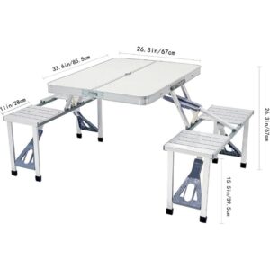 Diagrama con medidas detalladas en centímetros de la mesa de aluminio plegable con bancos.