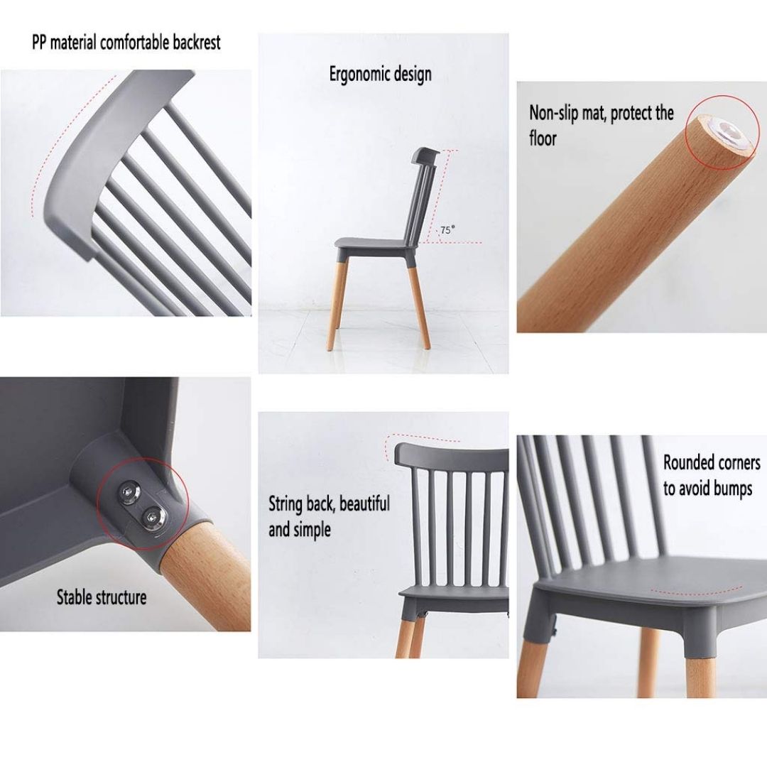 Infografía técnica de la Silla Windsor detallando su diseño ergonómico y estructura estable.